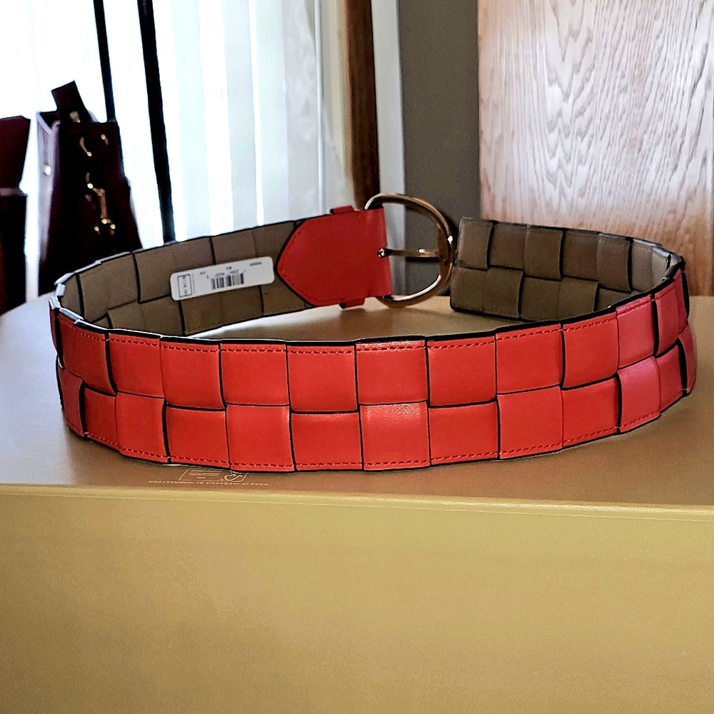 MICHAEL Michael Kors Woven Leather Belt In Optic Orange Size S/M - Picture 3 of 4